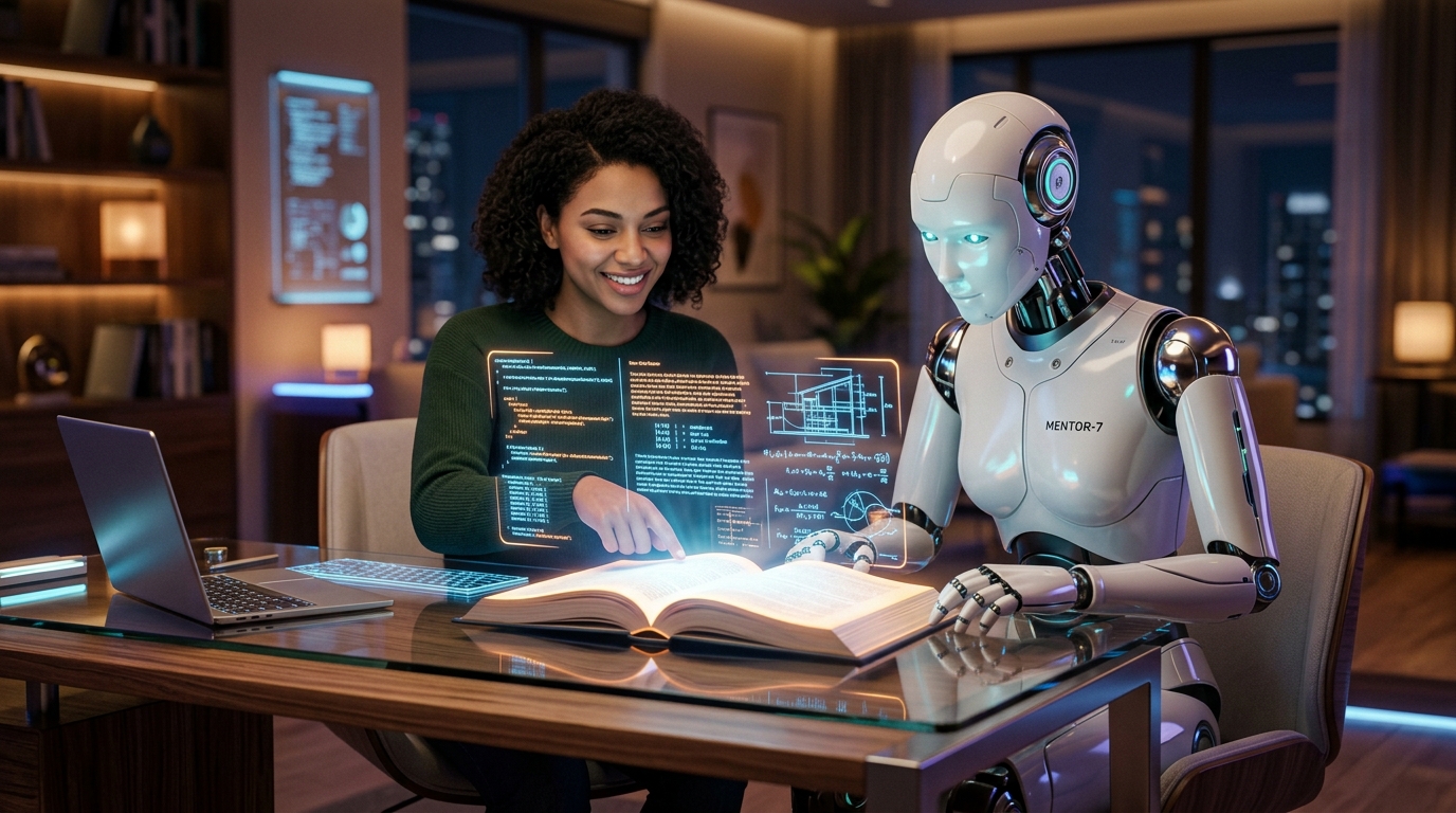 A human mentor teaching a humanoid robot to read from a glowing holographic book