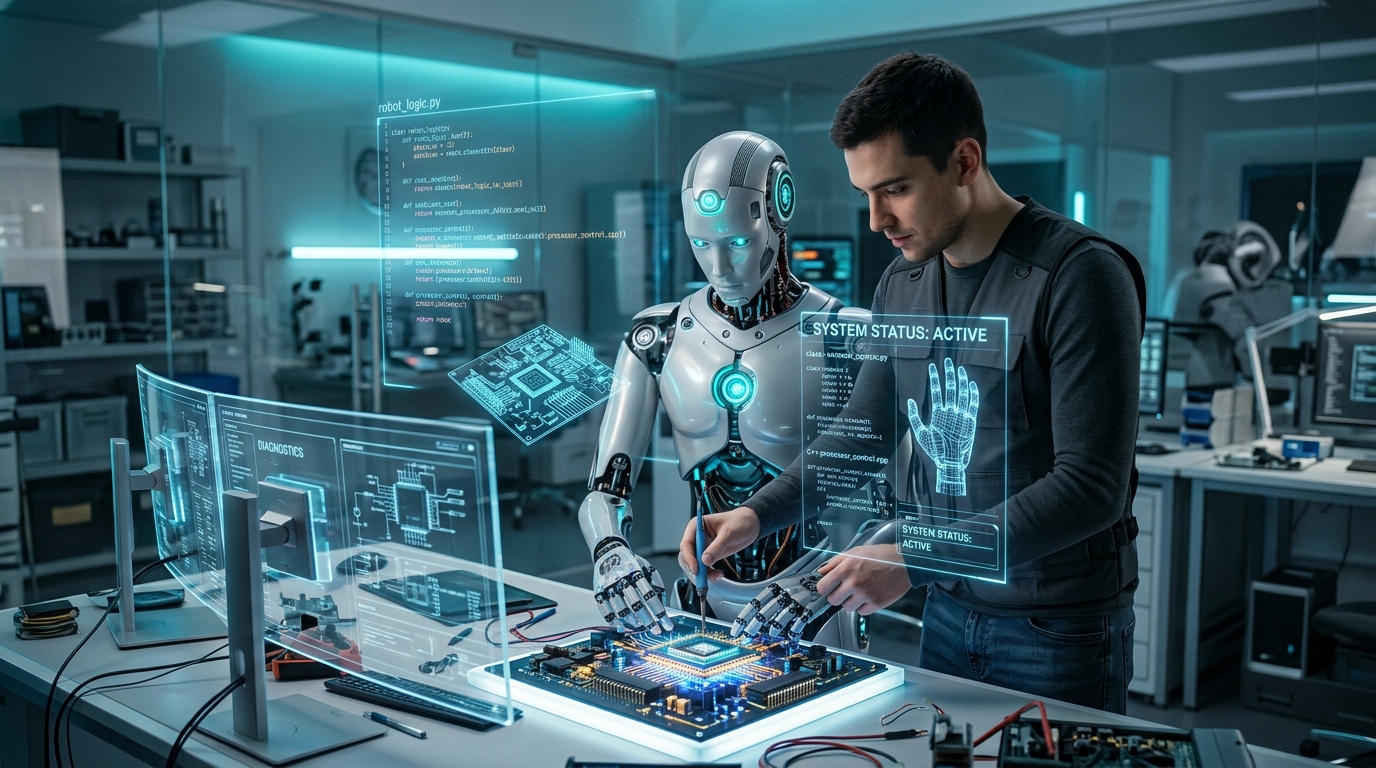 A software engineer guiding a humanoid robot assembling microchips in an electronics lab